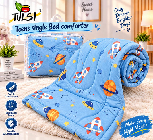 Premium Ultra-Soft Glace Cotton Space 🚀 Rocket & Planet 🌎 Print Comforter – Single Bed Size 60×100 Inches for Kids
