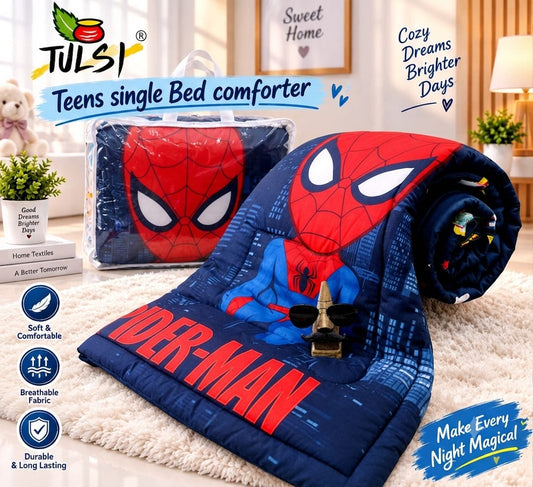 Premium Ultra-Soft Glace Cotton Red & Blue Spiderman 🕷️ Superhero Print Comforter – Single Bed Size 60×100 Inches for Kids