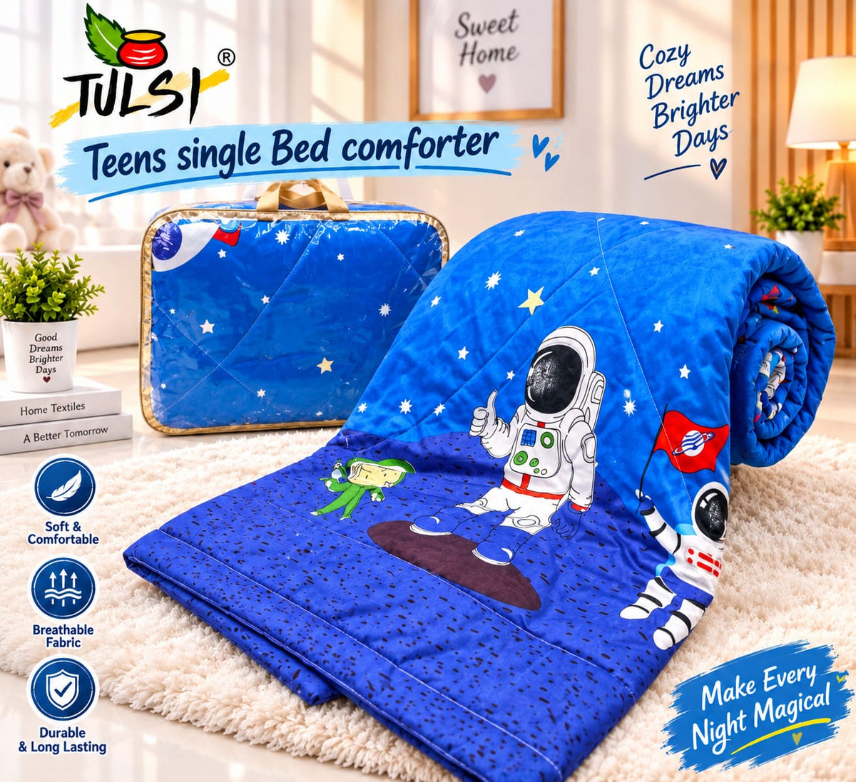 Premium Ultra-Soft Glace Cotton Space 🚀 Astronaut Print Comforter – Single Bed Size 60×100 Inches for Kids