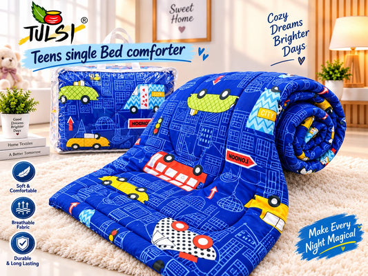 Premium Ultra-Soft Glace Cotton City 🚗 Vehicle Print Comforter – Single Bed Size 60×100 Inches for Kids
