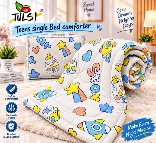 Premium Ultra-Soft Glace Cotton Rocket 🚀 & Star Print Comforter – Single Bed Size 60×100 Inches for Kids