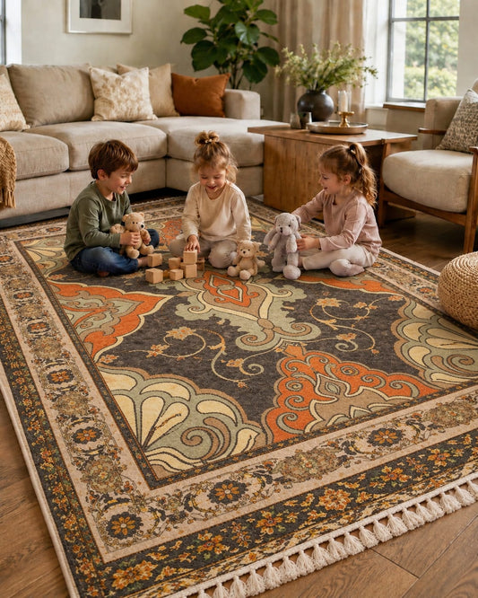 Vintage Persian Medallion Rug – Multicolor Floral Design with Tassel Fringe