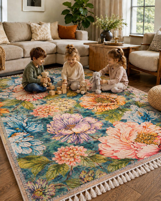 Vintage Persian Floral Rug – Multicolor Botanical Design on Teal Blue Base with Tassel Fringe