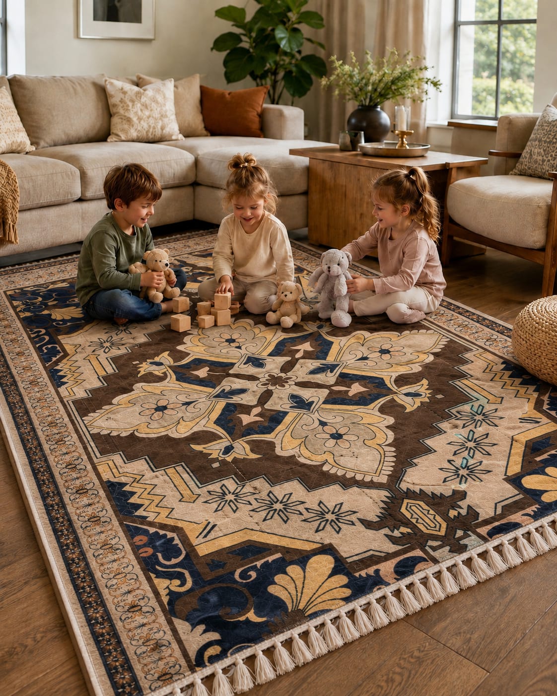 Traditional Persian Floral Rug – Brown, Beige & Navy Blue Medallion Design with Tassel Fringe