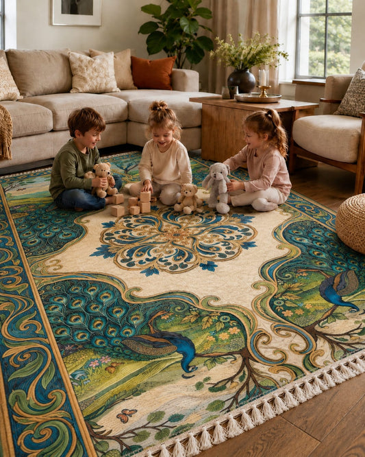 Traditional Persian Peacock Floral Rug – Blue & Green Ornamental Design with Tassel Fringe