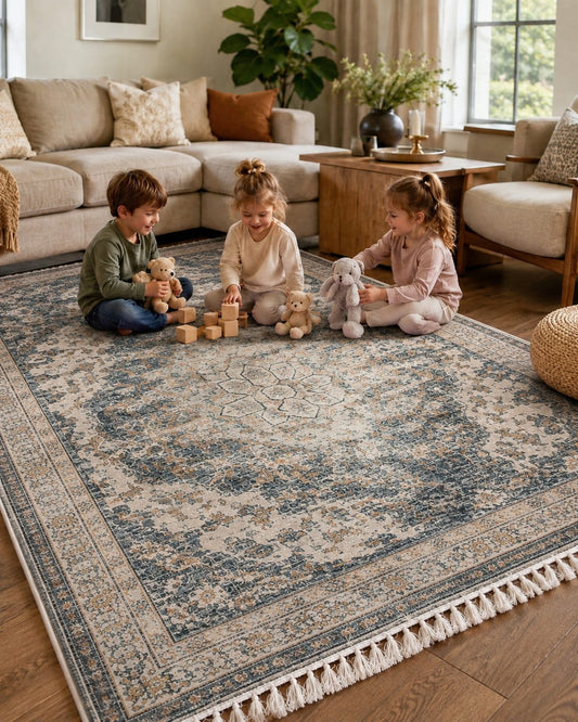 Vintage Persian Floral Blue & Beige Rug – Traditional Distressed Pattern with Tassel Fringe