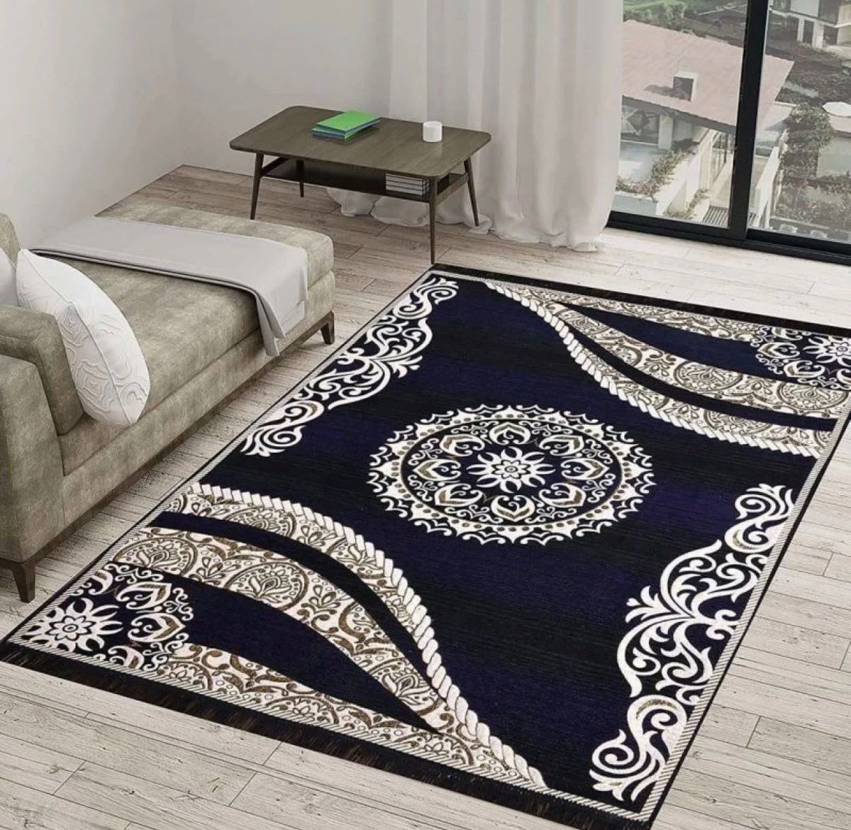 Premium Navy Blue & Cream Floral Medallion Designer Carpet