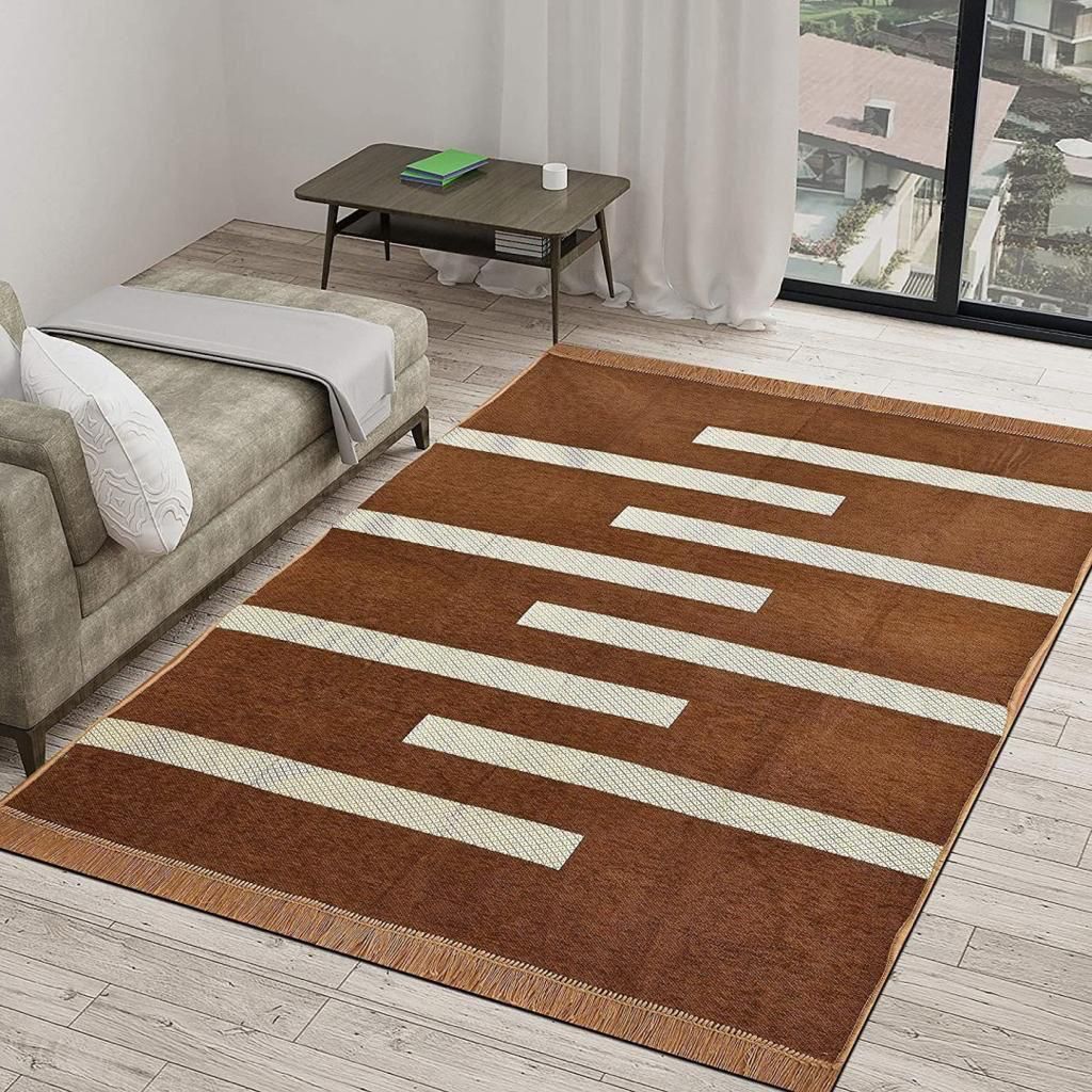 Luxury Brown Geometric Striped Rug with Anti-Skid Backing