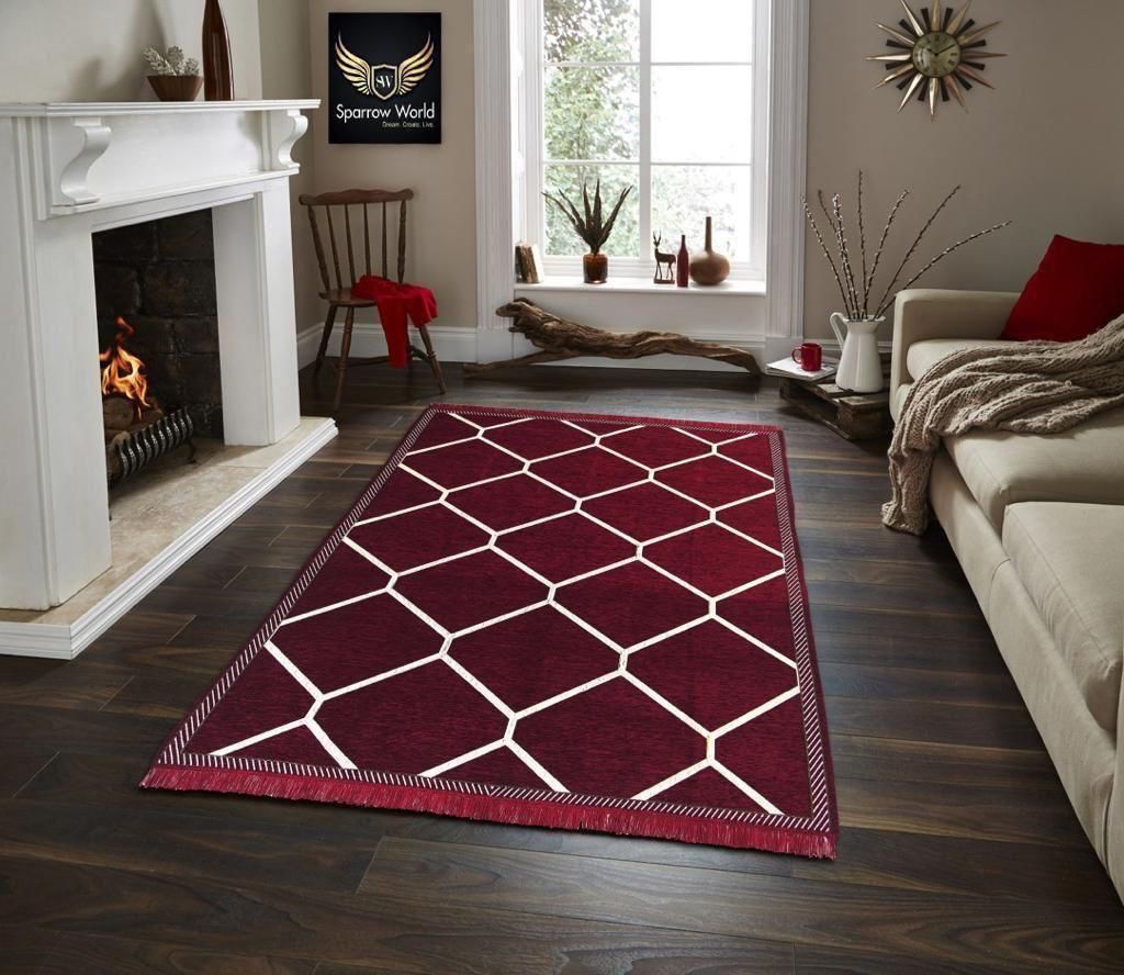 Luxury Maroon Geometric Pattern Rug with Anti-Skid Backing