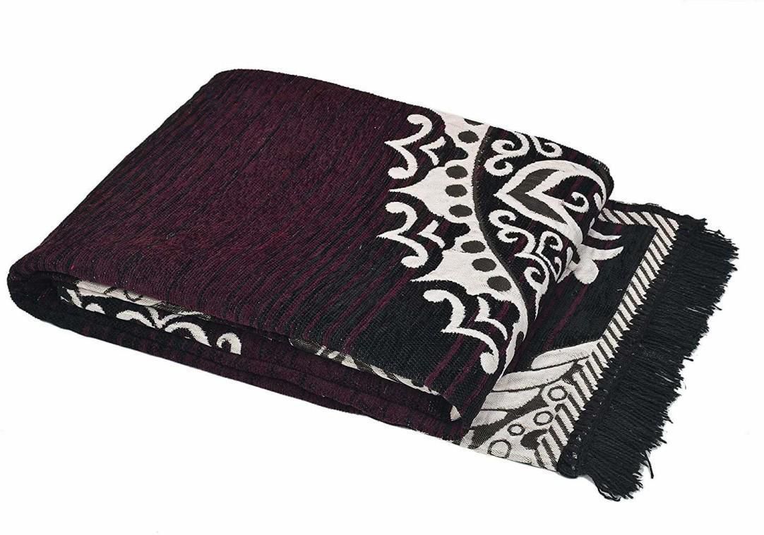 Maroon Black & White Traditional Printed Area Rug with Fringe