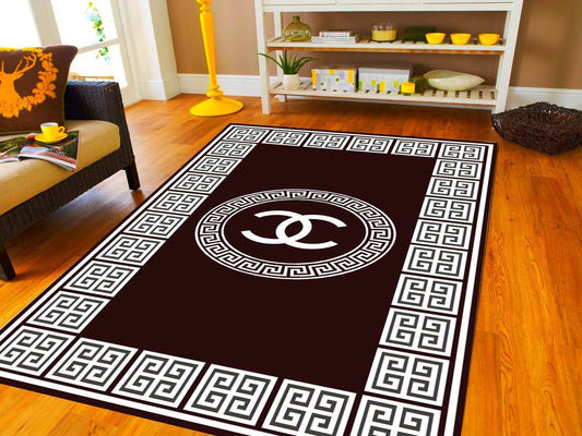 Premium Brown & White Greek Key Pattern Printed Floor Carpet – Elegant Home Décor Rug