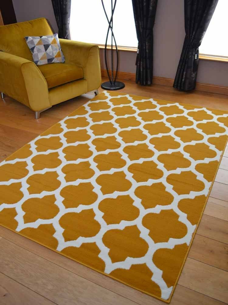 Premium Mustard & White Moroccan Pattern Printed Floor Carpet – Stylish Home Décor Rug