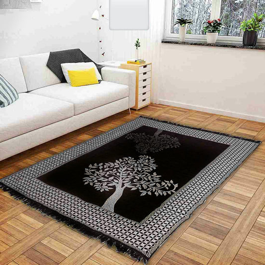 Premium Black & White Tree Design Printed Floor Carpet – Elegant Home Décor Rug