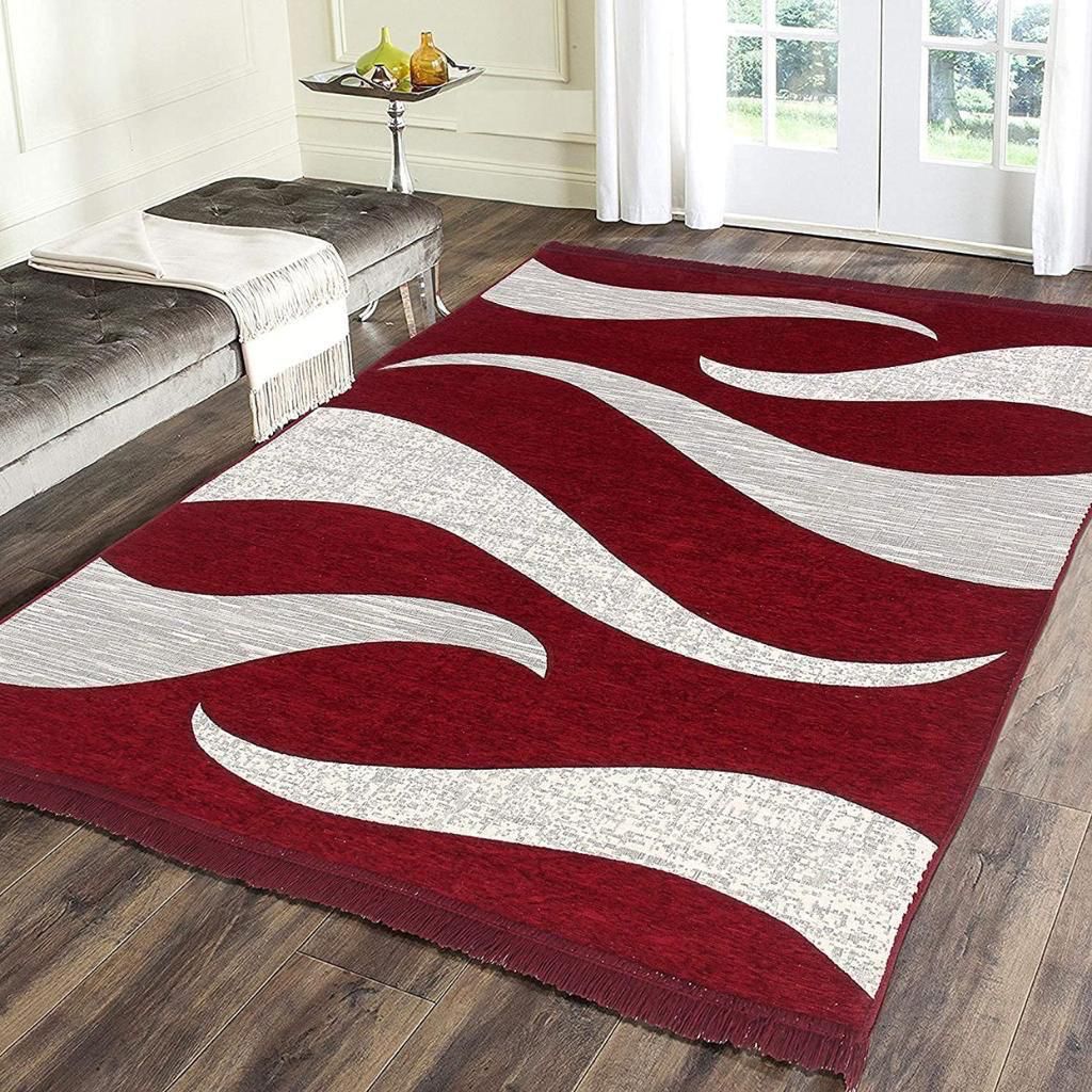 Premium Maroon & White Abstract Wave Printed Floor Carpet – Elegant Home Décor Rug