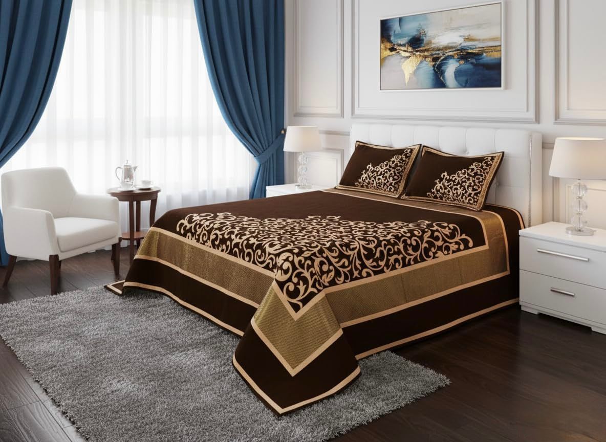Elegant Chocolate Brown Floral King Size Bedcover
