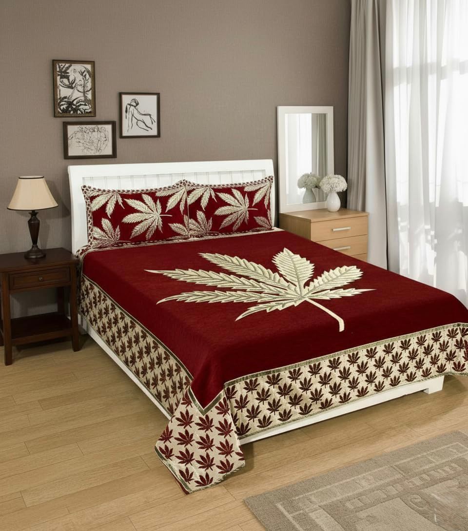 Elegant Maroon Leaf Print King Size Bedcover