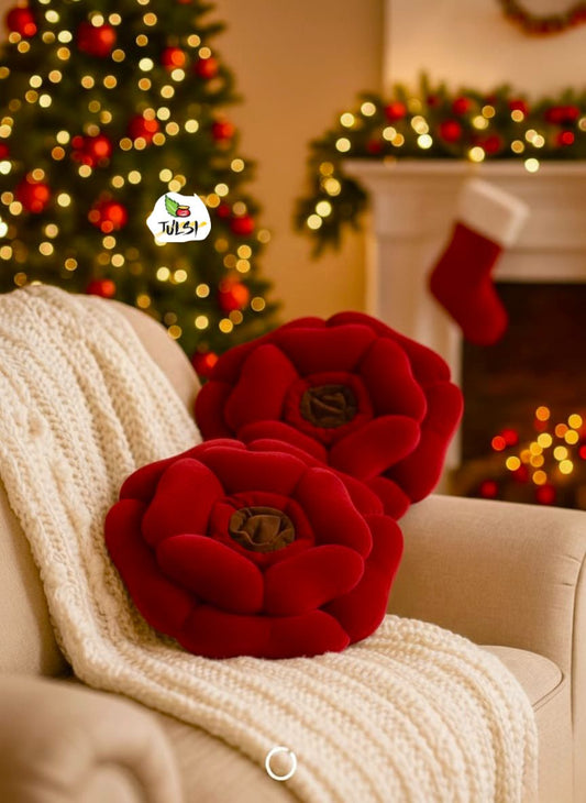 Luxury Floral Cushion Set | Bright Red Flower-Shaped Decorative Cushions with Brown Centre for Sofa, Bed & Living Room