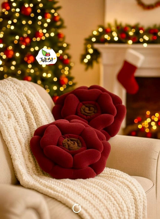Luxury Floral Cushion Set | Deep Red Flower-Shaped Decorative Cushions with Brown Centre for Sofa, Bed & Living Room