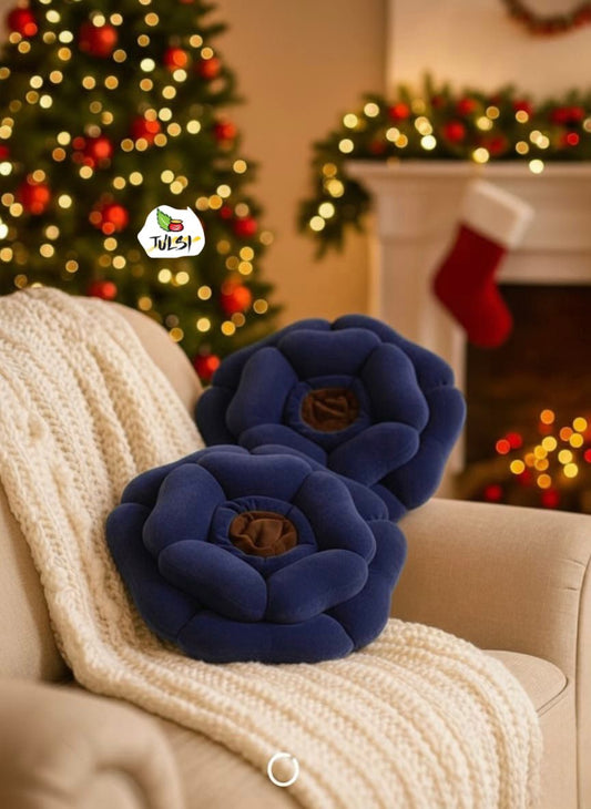 Luxury Floral Cushion Set | Navy Blue Flower-Shaped Decorative Cushions with Brown Centre for Sofa, Bed & Living Room