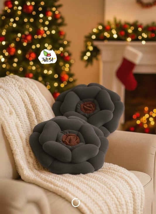 Luxury Floral Cushion Set | Charcoal Grey Flower-Shaped Decorative Cushions with Brown Centre for Sofa, Bed & Living Room