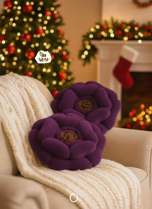 Luxury Floral Cushion Set | Purple Velvet Flower-Shaped Decorative Cushions with Brown Centre for Sofa, Bed & Living Room