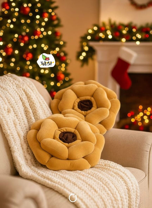 Luxury Floral Cushion Set | Mustard Yellow Velvet Flower-Shaped Decorative Cushions for Sofa, Bed & Living Room