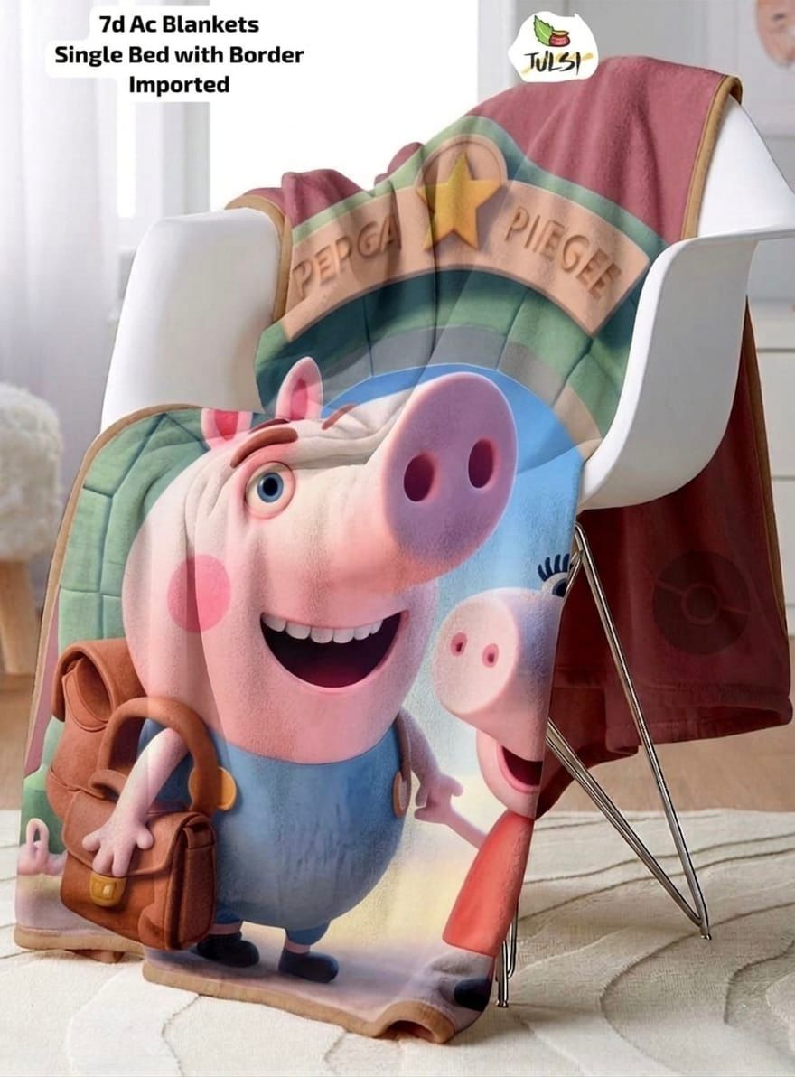 7D AC Blanket Single Bed 60×90 Inch | Super Soft Velvet | Cute Cartoon Pig Printed Design with Piping