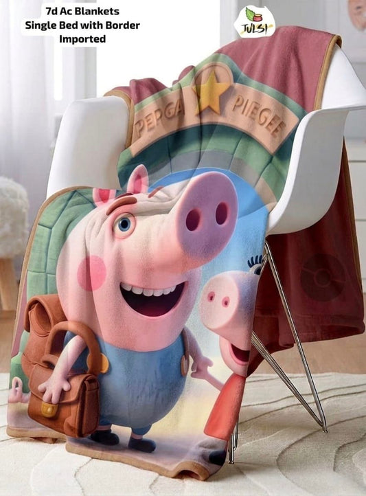 7D AC Blanket Single Bed 60×90 Inch | Super Soft Velvet | Cute Cartoon Pig Printed Design with Piping