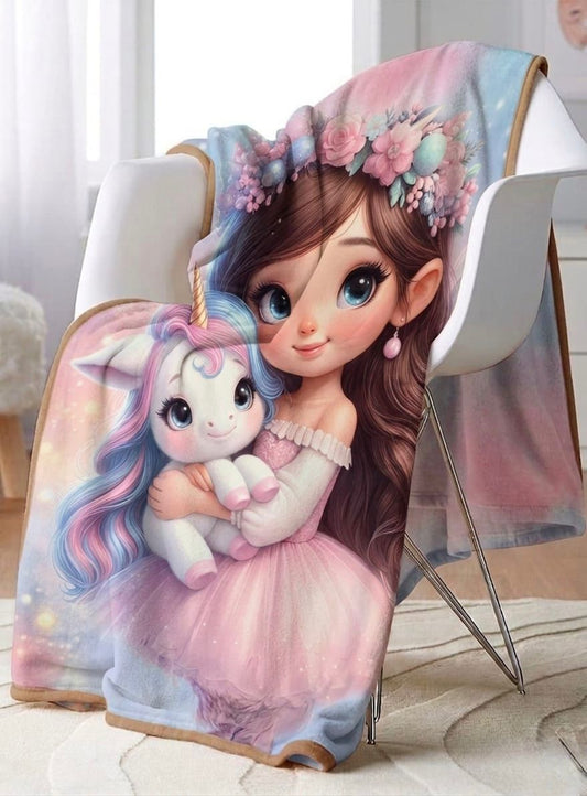 7D AC Blanket Single Bed 60×90 Inch | Super Soft Velvet | Cute Girl & Unicorn Printed Design with Piping