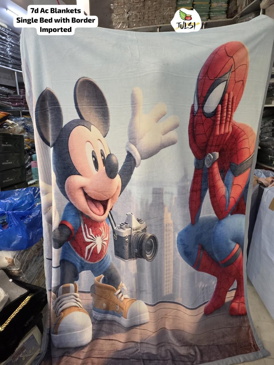 7D AC Blanket Single Bed 60×90 Inch | Super Soft Velvet | Mickey & Spider-Man Printed Design with Piping