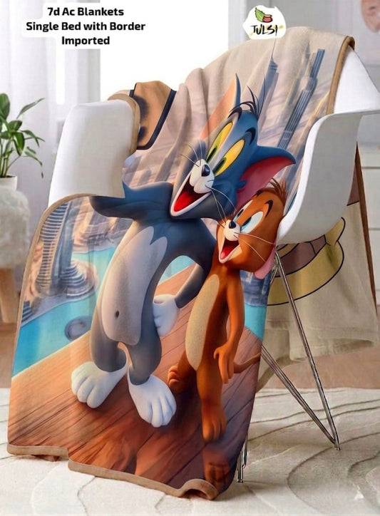 7D AC Single Bed Blanket with Border | Blue & Orange Cartoon Character Printed Super Soft Velvet Blanket for Kids & Bedroom