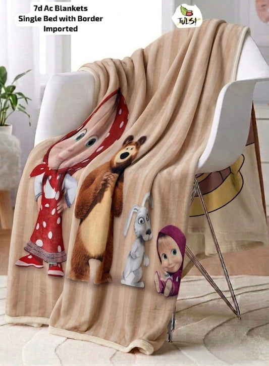 7D AC Single Bed Blanket with Border | Beige Cartoon Character Printed Super Soft Velvet Blanket for Kids & Bedroom