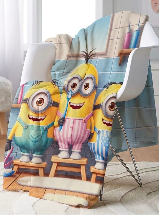 7D AC Single Bed Blanket with Border | Blue Minions Printed Super Soft Velvet Blanket for Kids & Bedroom