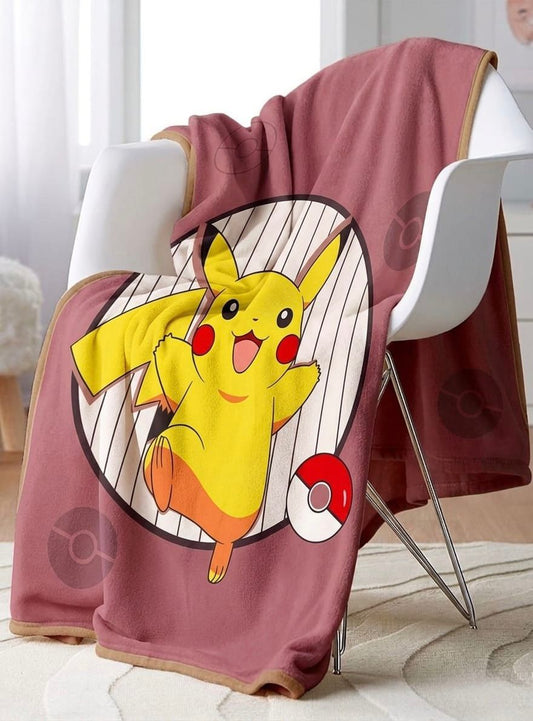 7D AC Single Bed Blanket with Border | Pink Pikachu Printed Super Soft Velvet Blanket for Kids & Bedroom