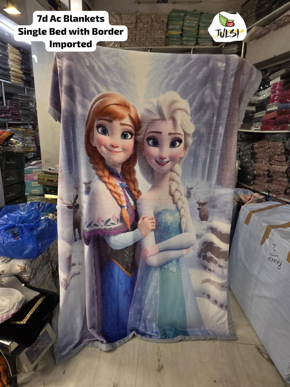7D AC Single Bed Blanket with Border | Purple & Blue Frozen Character Printed Super Soft Velvet Blanket for Kids & Bedroom