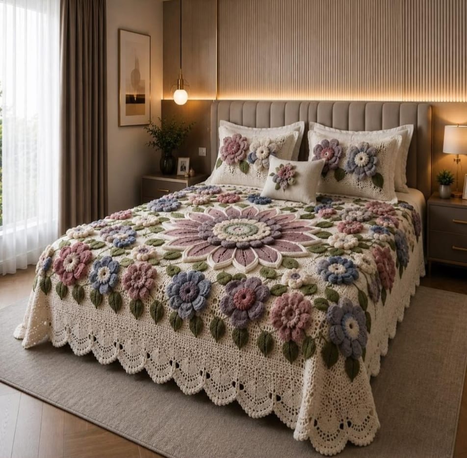 Premium 7D Pastel Floral Quilted Vision King Size Bedsheet