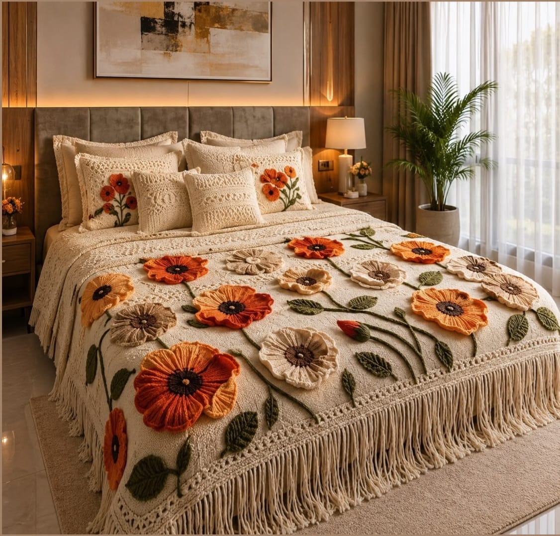 Premium 7D Orange Floral Quilted Vision King Size Bedsheet