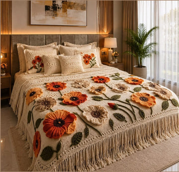 Premium 7D Orange Floral Quilted Vision King Size Bedsheet