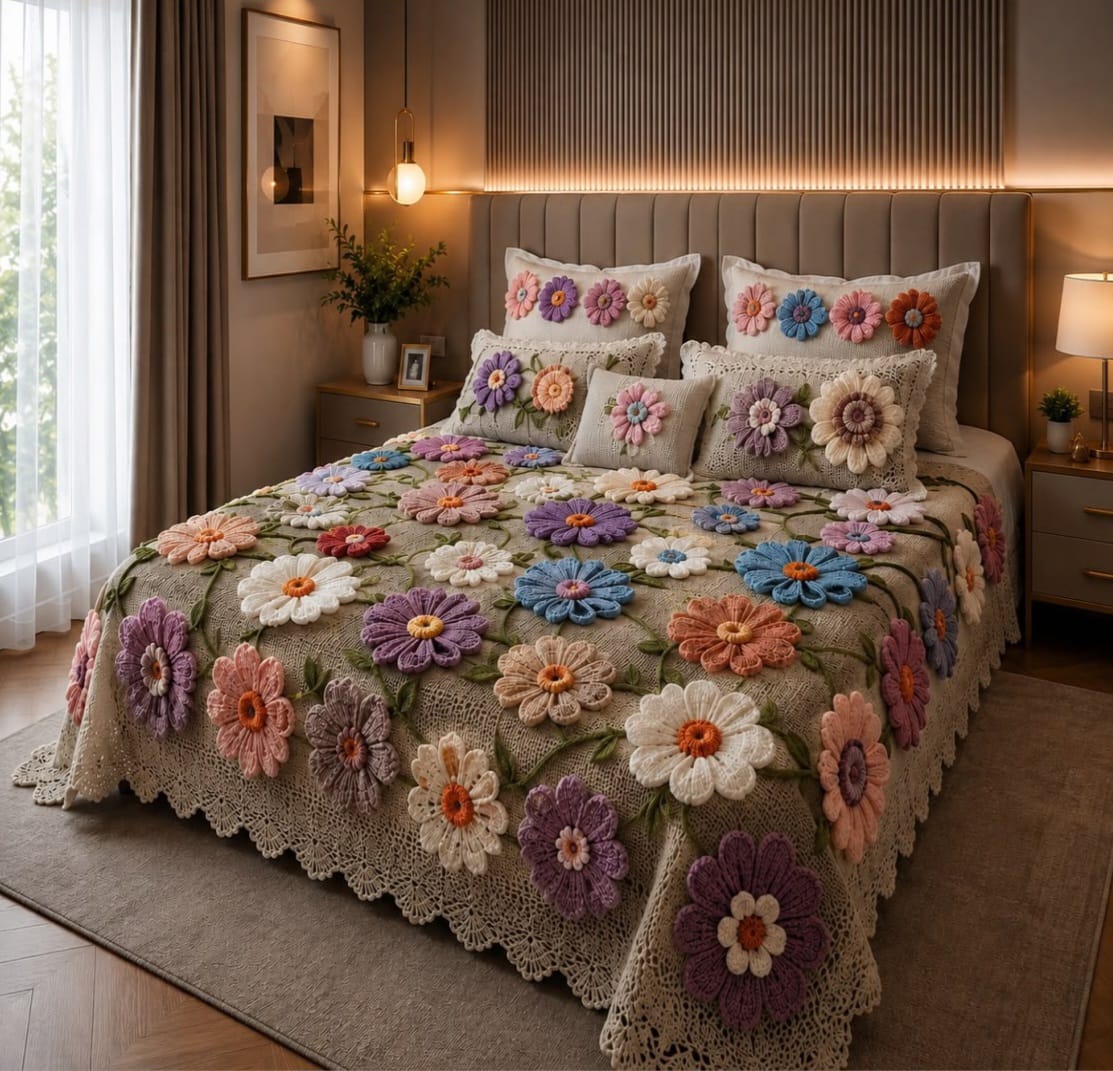 Premium 7D Multicolor Floral Quilted Vision King Size Bedsheet