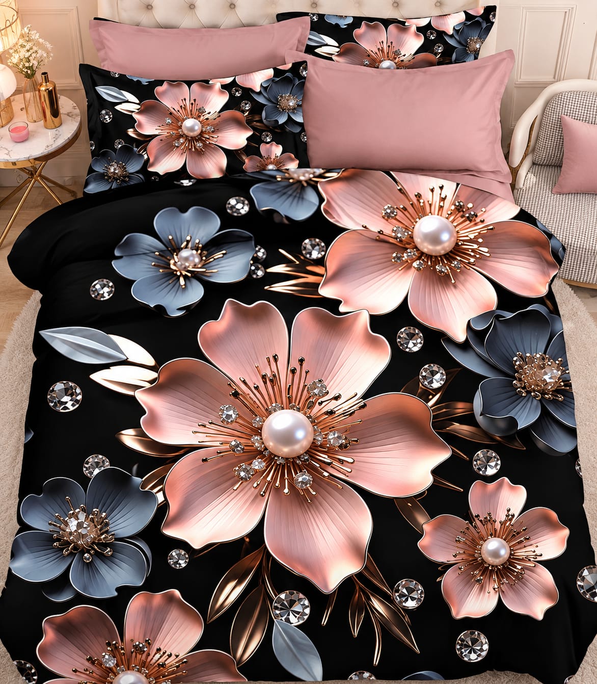 Premium 7D Black Peach Floral Quilted Vision King Size Bedsheet