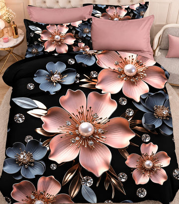 Premium 7D Black Peach Floral Quilted Vision King Size Bedsheet