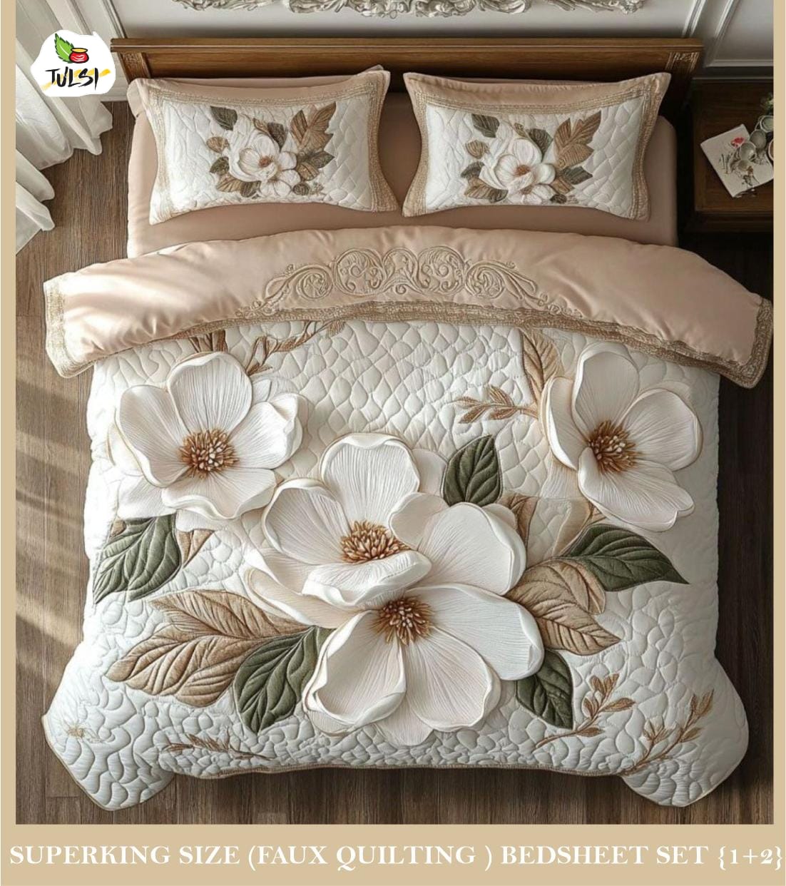 Premium 7D White Floral Quilted Vision King Size Bedsheet