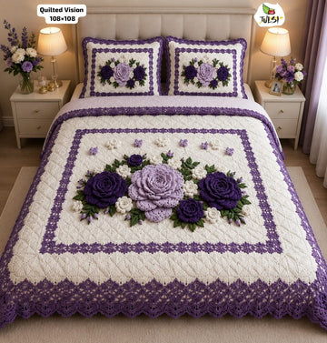 Premium 7D Purple Rose Quilted Vision King Size Bedsheet