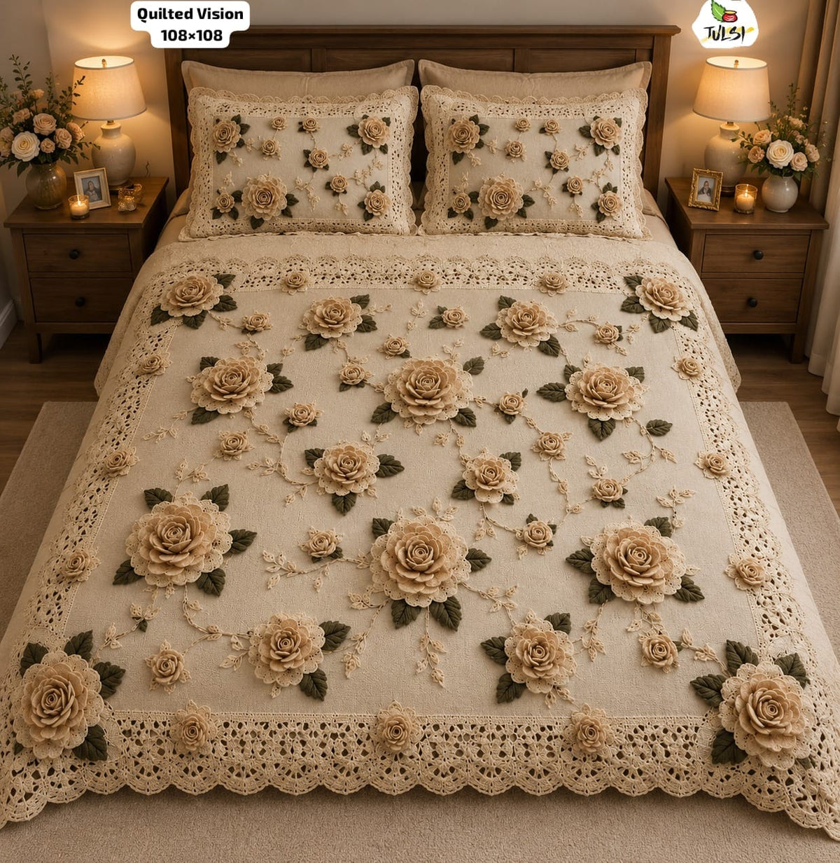 Premium 7D Beige Rose Quilted Vision King Size Bedsheet