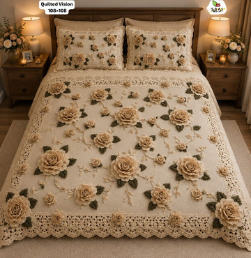 Premium 7D Beige Rose Quilted Vision King Size Bedsheet
