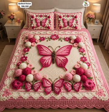 Premium 7D Pink Butterfly Quilted Vision King Size Bedsheet
