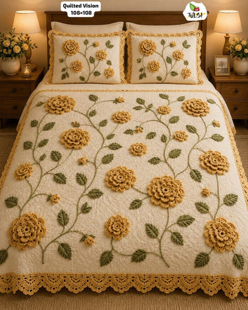 Premium 7D Golden Floral Quilted Vision King Size Bedsheet