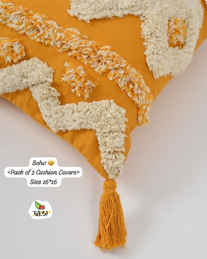 Boho Geometric Cushion Cover with Tassels | Mustard Yellow & Ivory Textured Decorative Pillow Cover for Sofa & Living Room