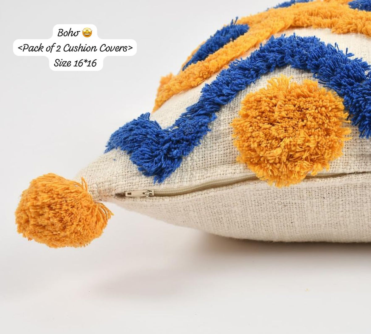 Boho Geometric Diamond Cushion Cover with Pom-Poms | Blue & Mustard Textured Decorative Pillow Cover for Sofa & Living Room