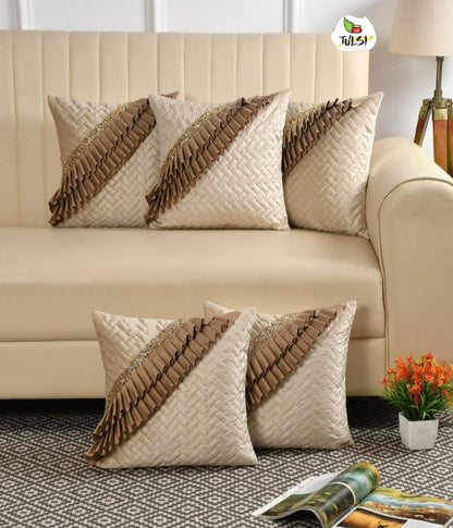 Luxury Quilted Cushion Cover with Ruffle Detailing | Cream & Taupe Embellished Textured Decorative Pillow Cover for Sofa & Living Room